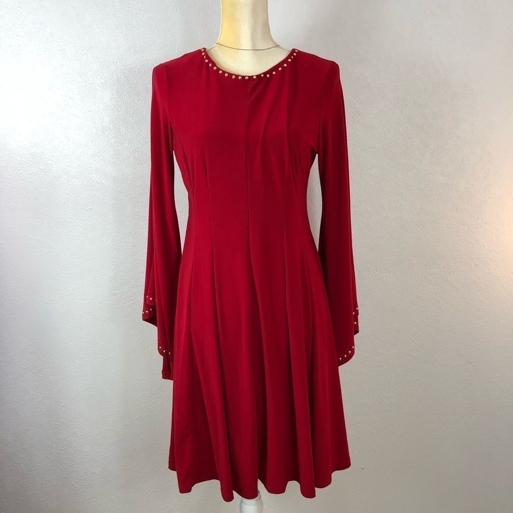 Soho Apparel LTD Red Bell Sleeve Studded Dress SM